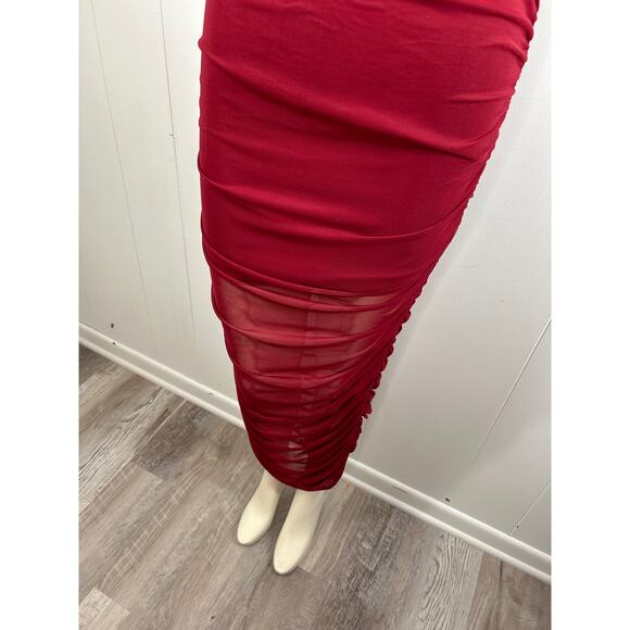 ASOS Design Burgundy Bodycon Halter mesh ruched midi dress Stretch. Size 12 NWOT - Picture 8 of 9